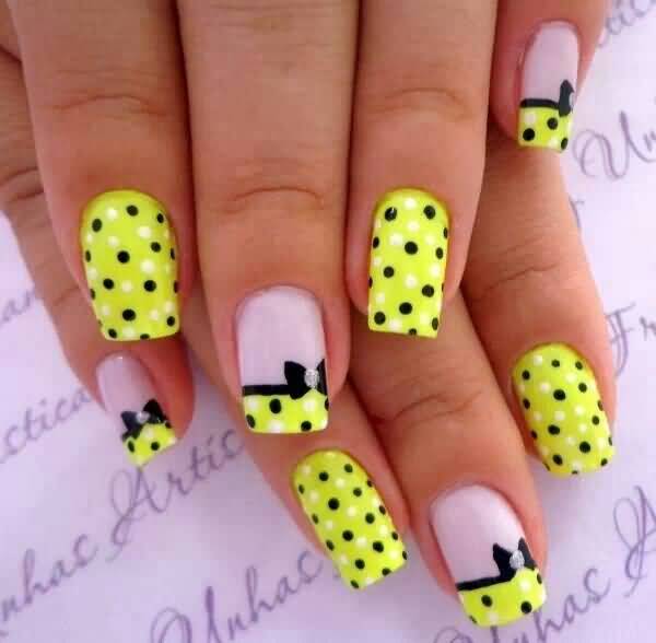 Neon Nails With Black Polka Dots And Black Bow