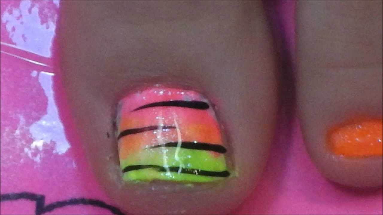 Neon Rainbow Zebra Print Nail Art For Toe