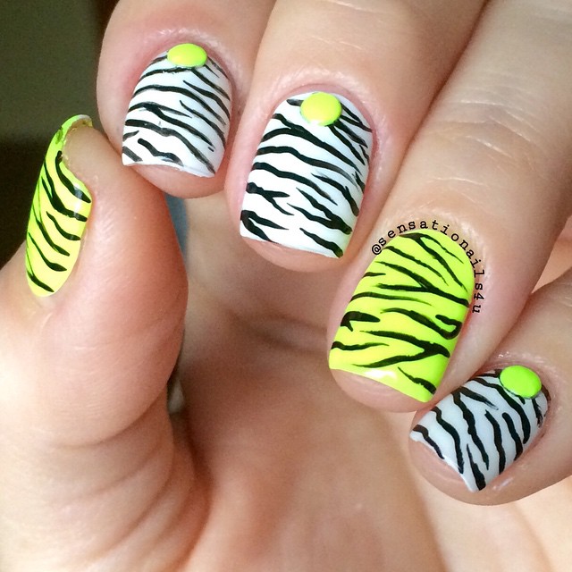 Neon Yellow And White Zebra Print Nail Art