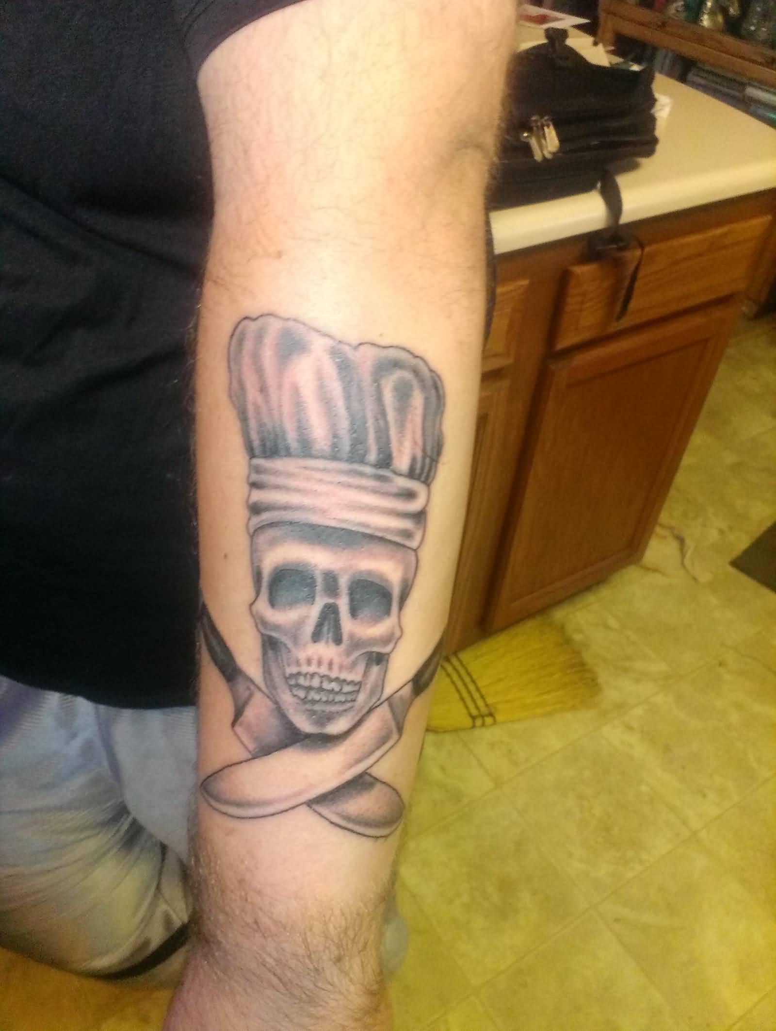 New Chef Skull And Crossed Knives Tattoo On Forearm By Calico