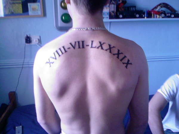 New Roman Numerals Tattoo On Upper Back For Men