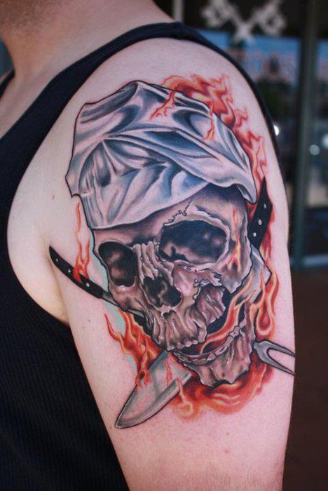 Nice 3D Chef Skull With Flames And Crossed Knives Tattoo On Left Shoulder