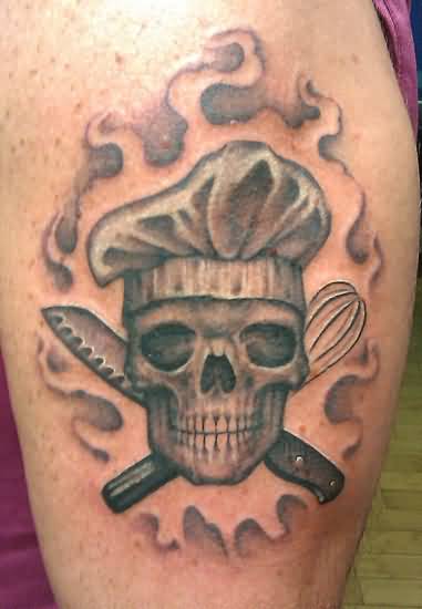 Nice Burning Chef Skull With Crossed Knife And Egg Beater Tattoo