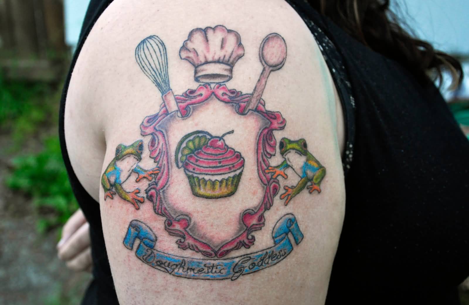 Nice Chef Hat With Banner And Egg Beater, Fry Spoon Tattoo On Half Sleeve