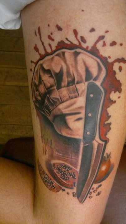 Nice Chef Hat With Knife And Tomato Tattoo On Half Sleeve