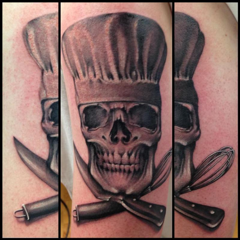 Nice Chef Skull With Crossed Egg Beater And Knife Tattoo