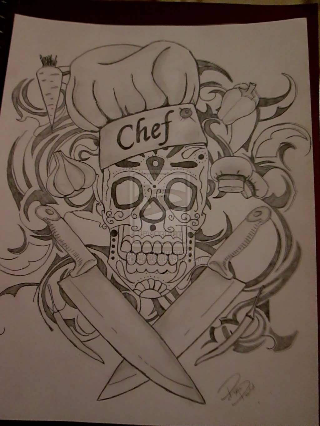 Nice Chef Skull With Crossed Knives And Other Vegetables Tattoo Design