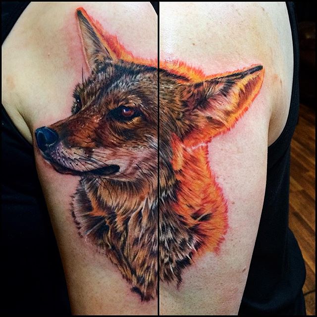 Nice Coyote Tattoo On Left Shoulder
