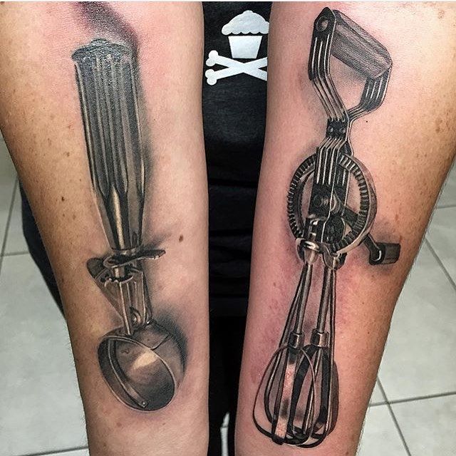 Nice Egg Beater And Spoon On Both Forearms
