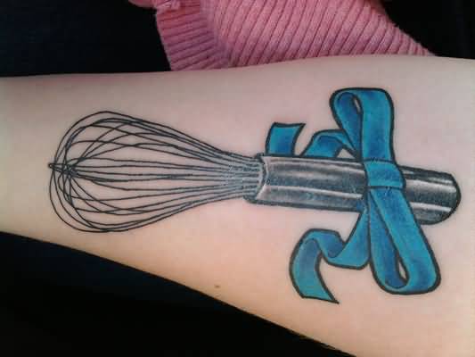 Nice Egg Beater With Blue Ribbon Tattoo