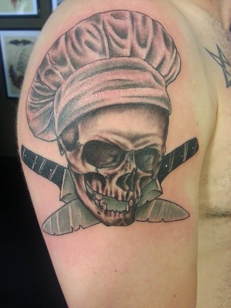 Nice Evil  Skull Wearing Chef Hat And Knives Tattoo On Right Half Sleeve