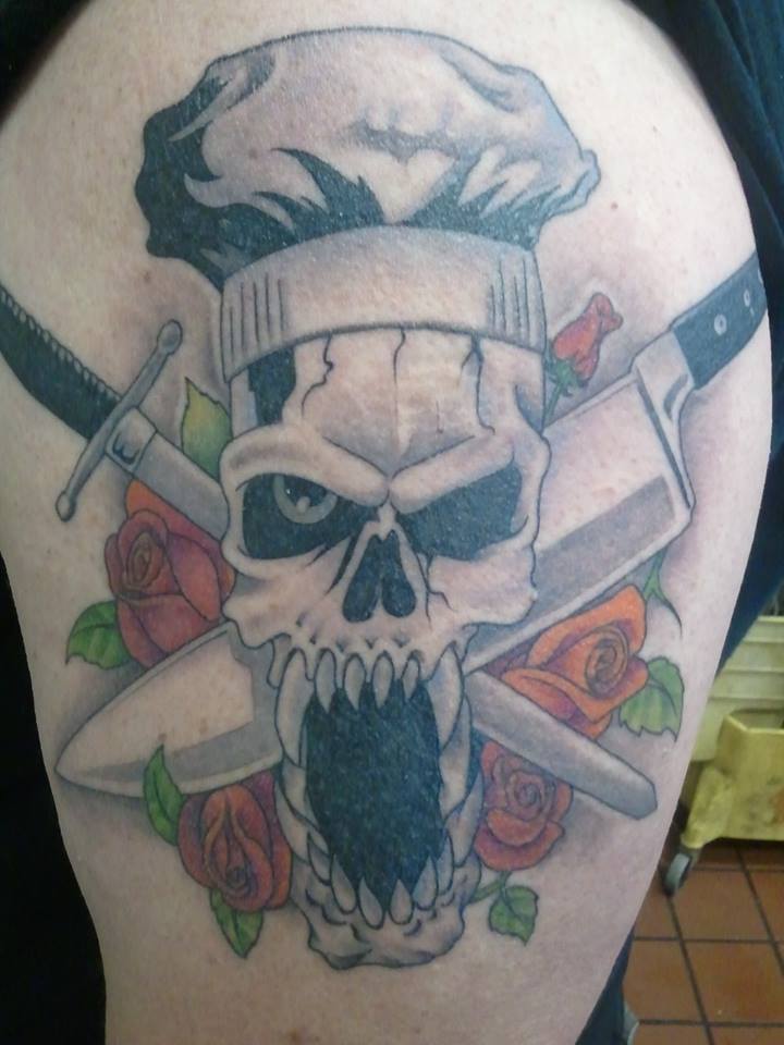 Nice Mad Chef Skull With Sword, Roses And Knife Tattoo
