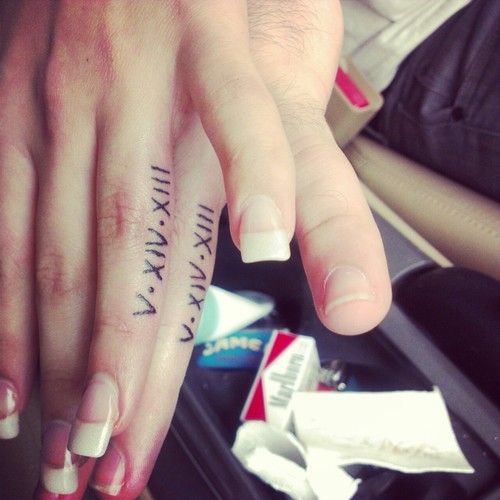 Nice Matching Roman Numerals Tattoos On Fingers
