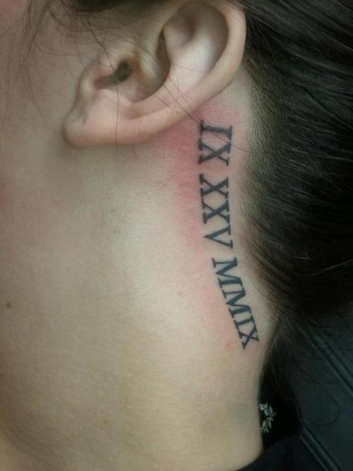 Nice Roman Numerals Behind The Ear Tattoo
