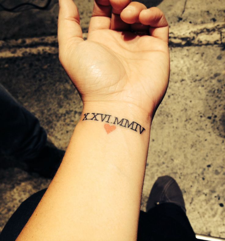 Nice Roman Numerals With Red Heart Tattoo On Wrist
