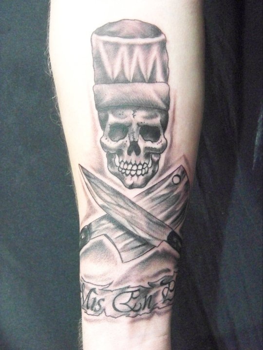 Nice Skull With Chef Hat And Knives Tattoo On Forearm