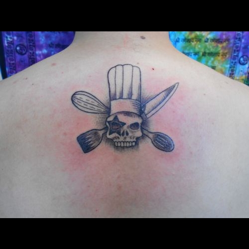 Nice Small Cleaver Chef Skull With Crossed Egg Beater And Knife Tattoo On Nape