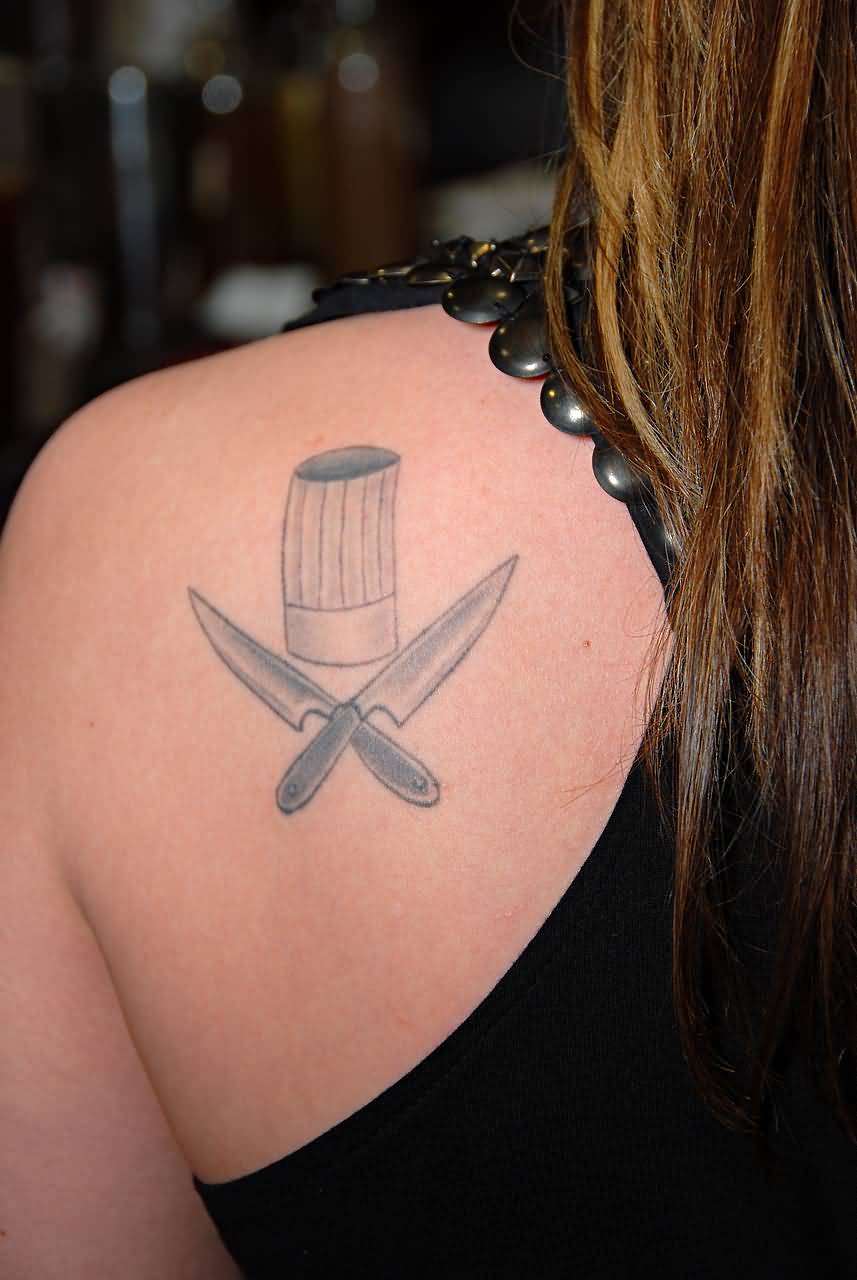 Nice Small Chef Cap With Cross Knives Tattoo On Left Back Shoulder By charlescook