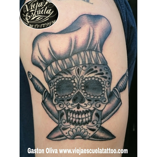 Nice Sugar Skull With Chef Hat And Knives Tattoo