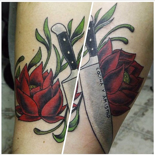 Nice Traditional Chef Knife With Red Rose Tattoo
