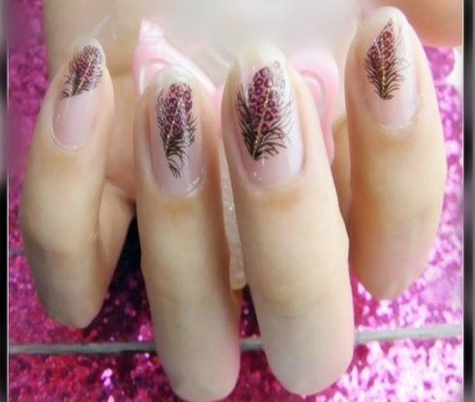 Nude Nails With Black Feather Nail Art