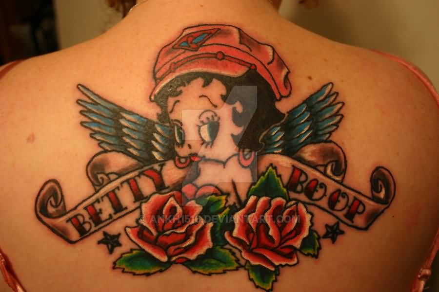 Old School Betty Boop With Angel Wings And Red Roses Tattoo by Ankh1516