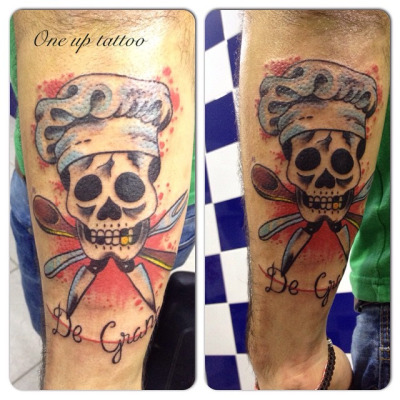 Old School Chef Skull With Crossed Knives And Fry Spoon Tattoo On Forearm