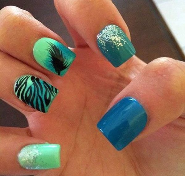 Ombre Nails With Black Feather Nail Art Design Idea