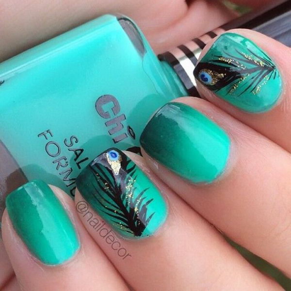 Ombre Nails With Peacock Feather Nail Art