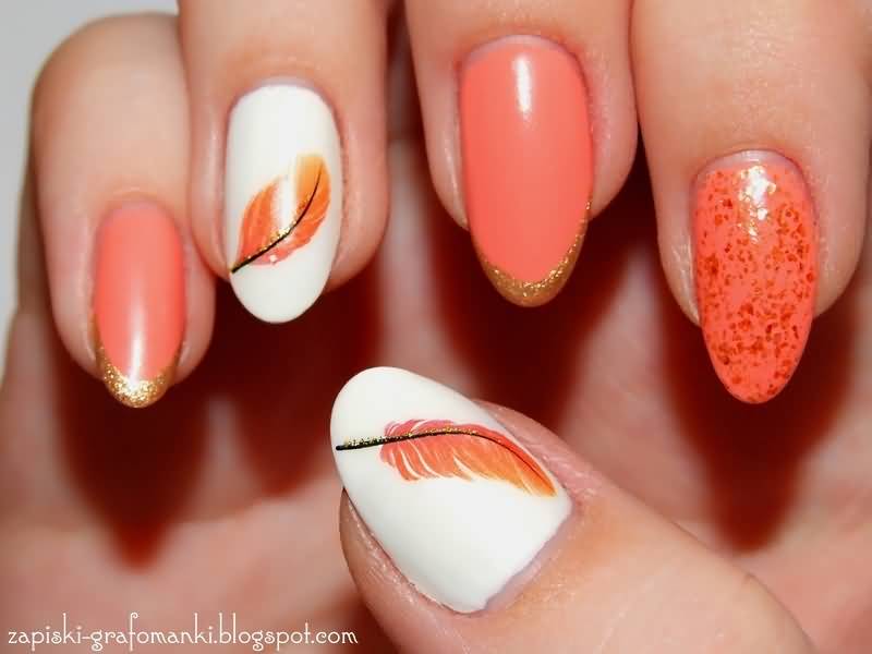 Orange Feather Nail Art Design Idea