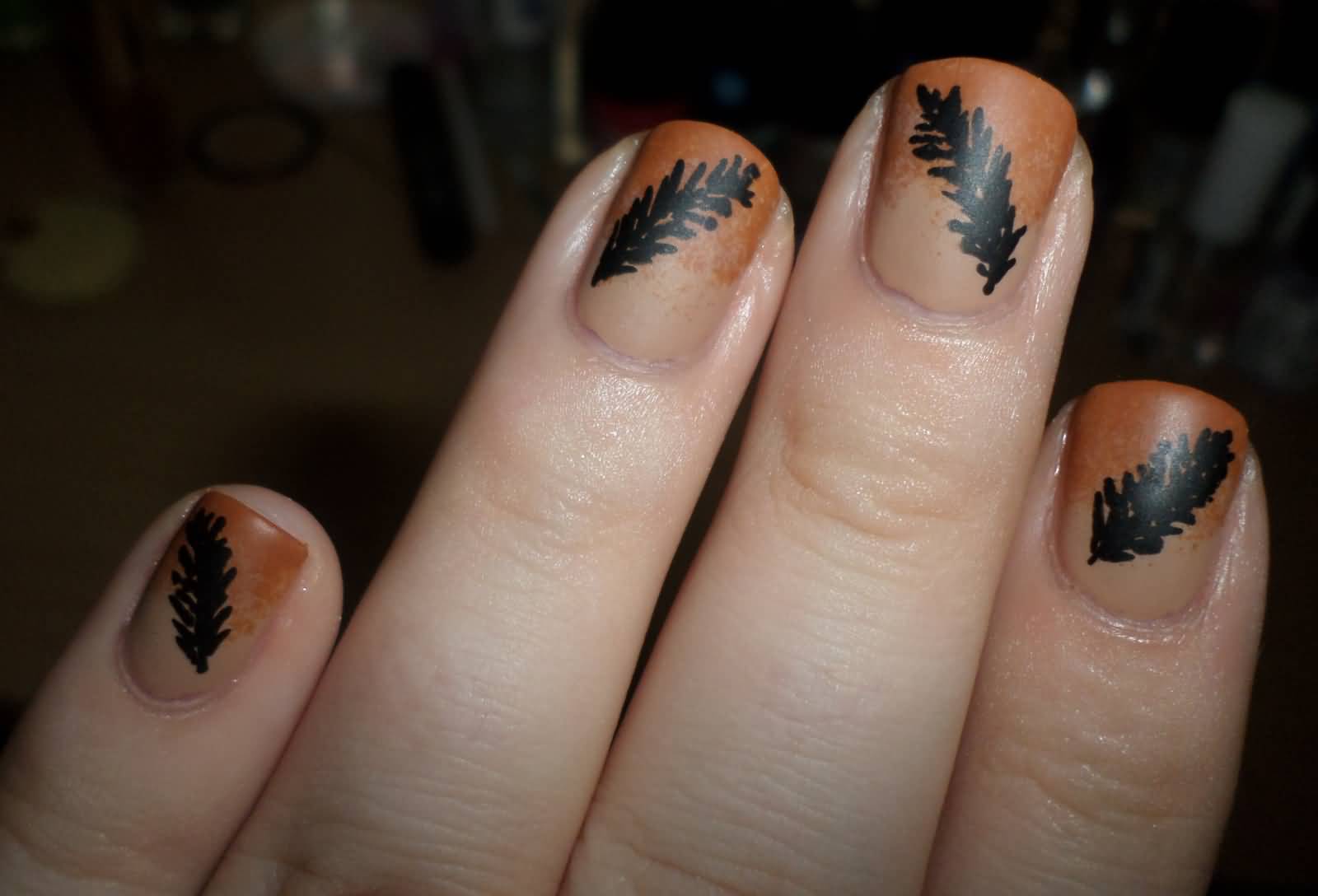 Orange French Tip With Black Feather Nail Art