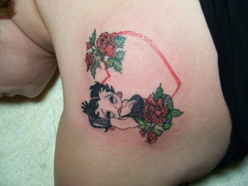 Outline Heart And Red Roses With Betty Boop Tattoo On Left Back Shoulder
