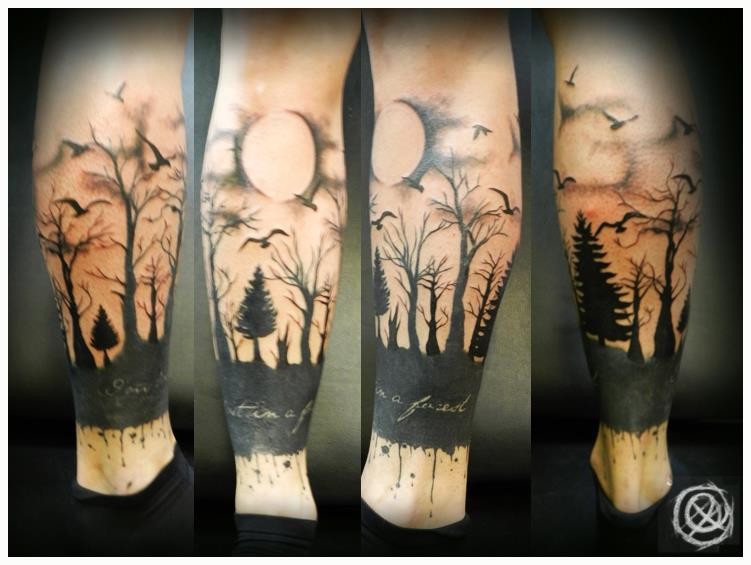 Outline Moon And Forest Tattoo On Leg