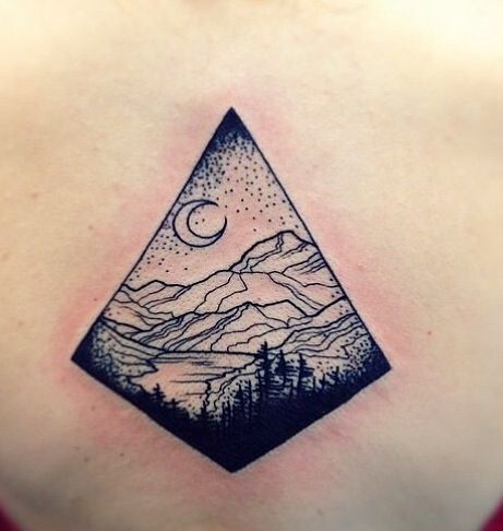 Outline Mountains And Forest Tattoo On Back