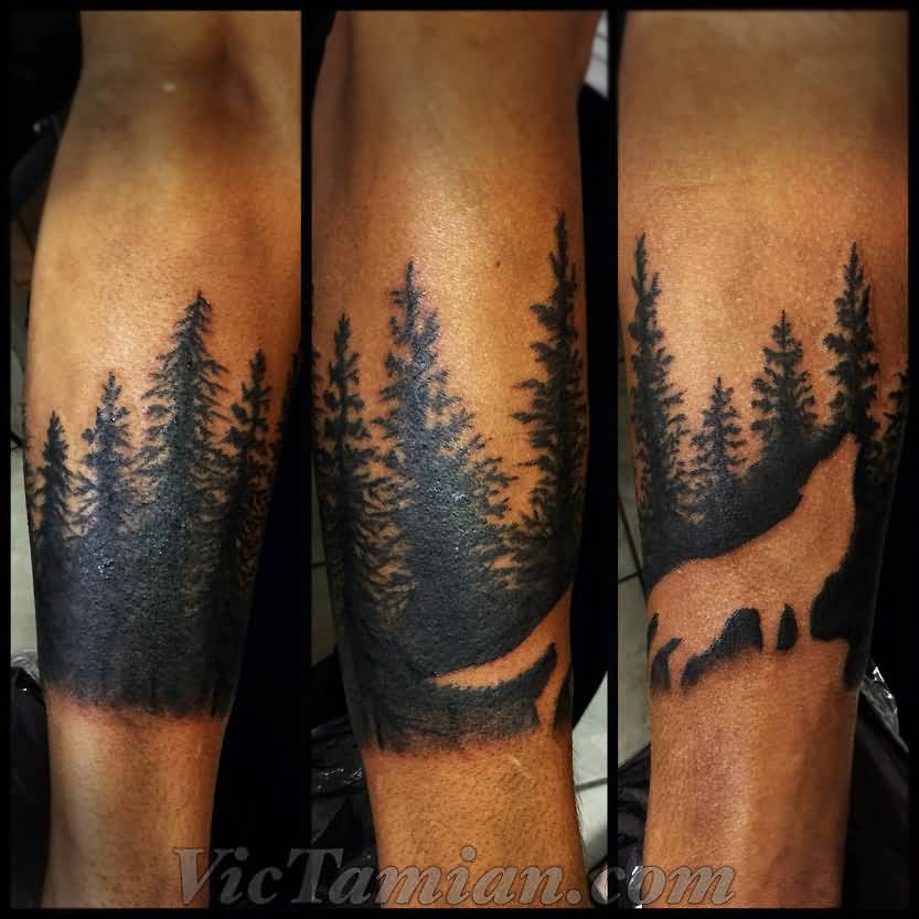 Outline Wold And Forest Tree Tattoos On Arm