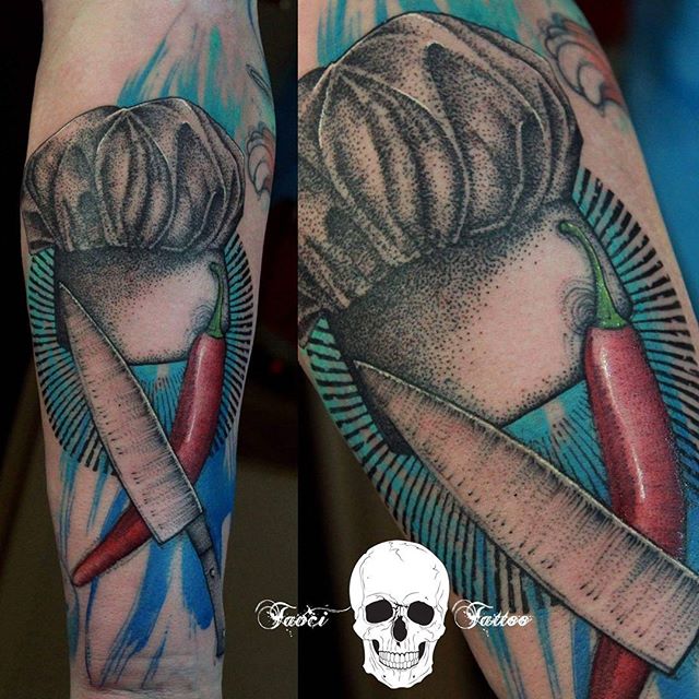 Outstanding Chef Hat With Chilly And Knife Tattoo On Arm Sleeve