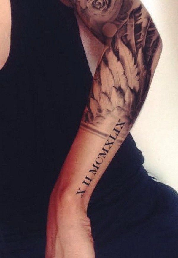 Outstanding Roman Numeral With Feathers Tattoo On Sleeve