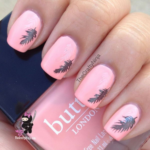 Peach Nails With Black Feather Nail Art