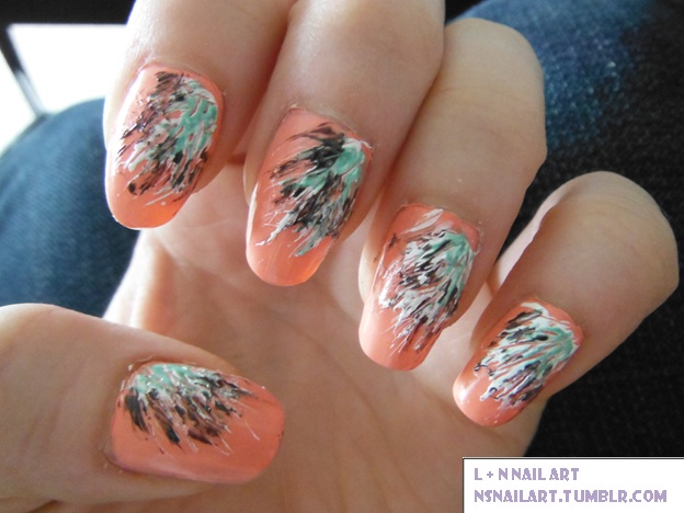 Peach Nails With Feather Nail Art Design