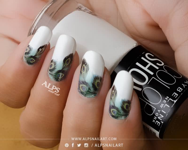 Peacock Feather Nail Art On White Nails
