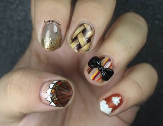 Pie And Bow Thanksgiving Nail Art