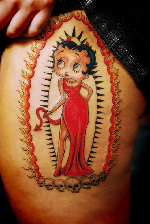 Pin Up Betty Boop Tattoo On Side Thigh For Girls