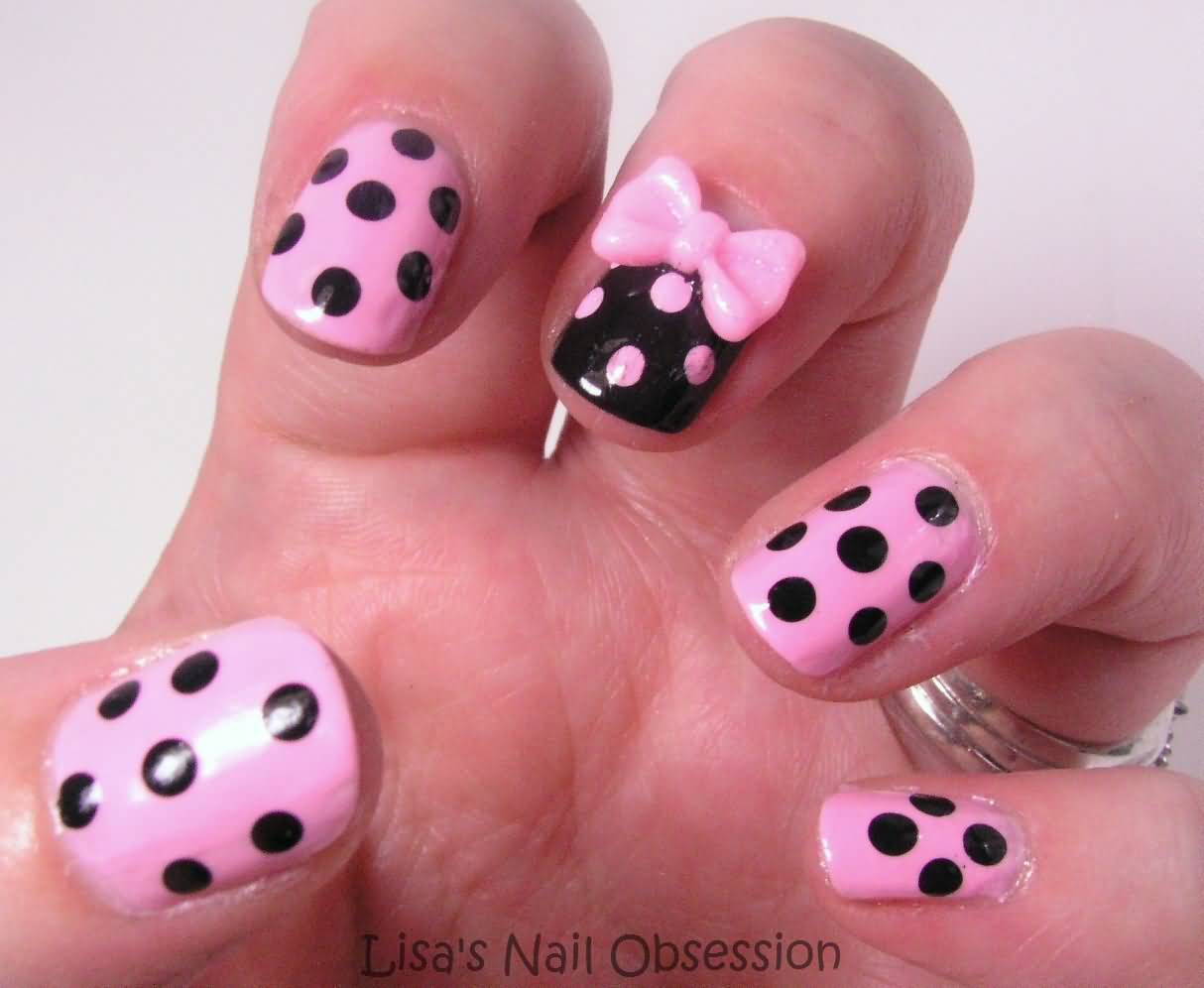 Pink And Black Cute Polka Dots Nail Design With Pink 3d Bow
