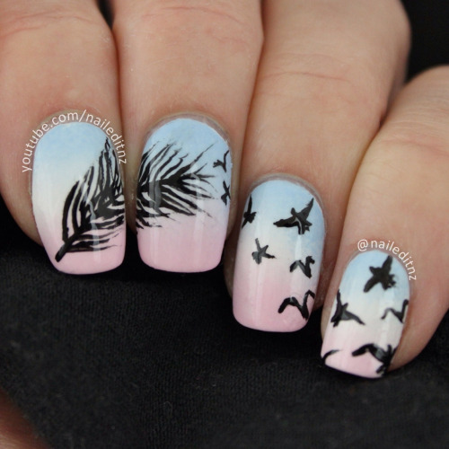 Pink And Blue Ombre Nails With Black Feather Nail Art And Flying Birds Design