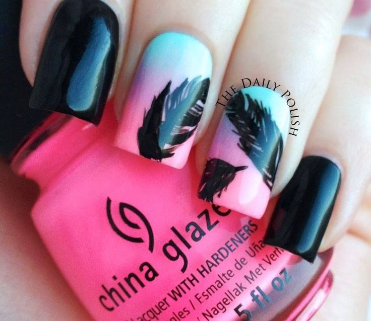 Pink And Blue Ombre Nails With Black Feather Nail Art
