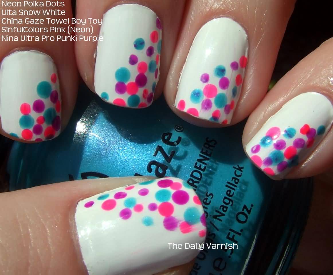 Pink And Green Polka Dots On White Nails