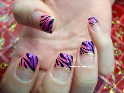 Pink And Purple French Tip Zebra Print Nail Art