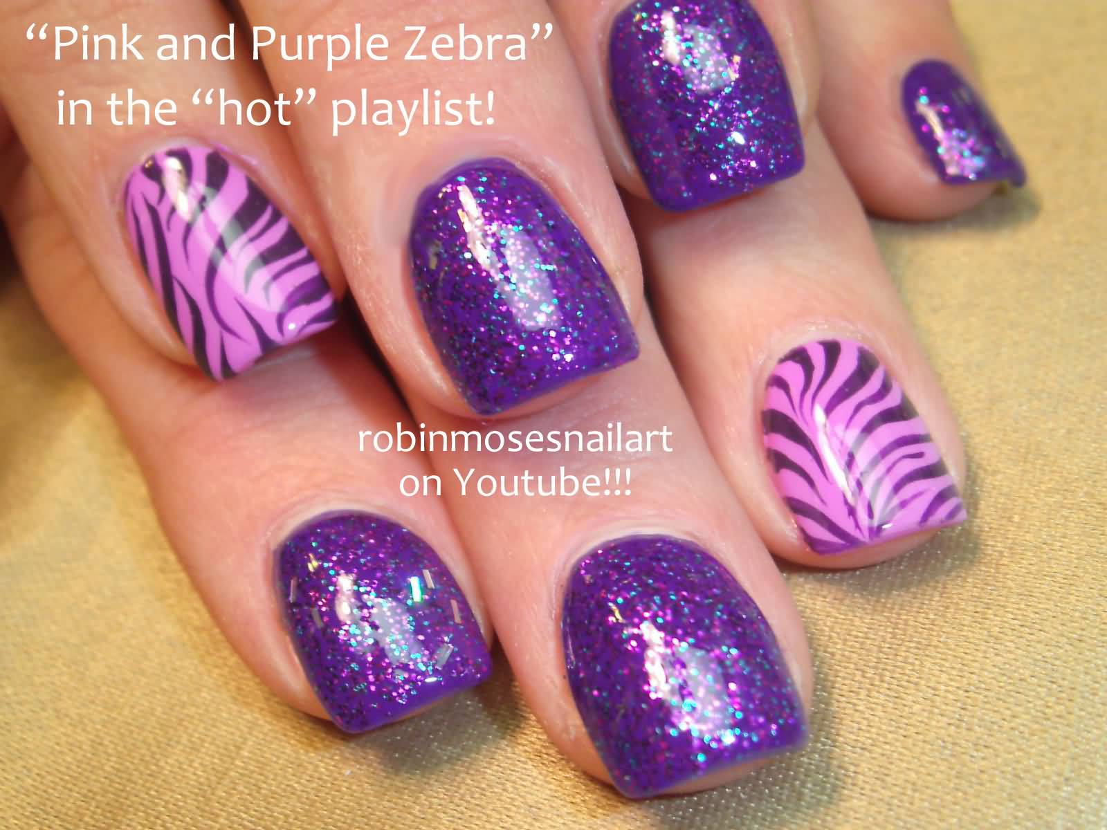 Pink And Purple Glitter Zebra Print Nail Art