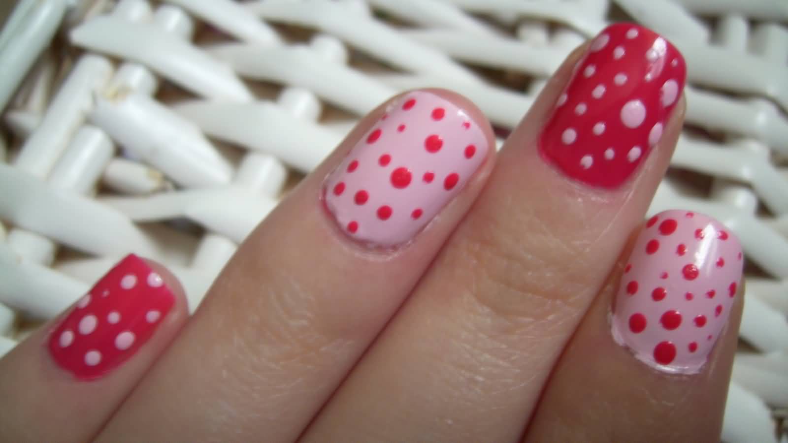 Pink And Red Polka Dots Nail Art