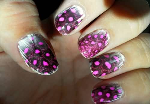 Pink And White Feather Nail Art Design